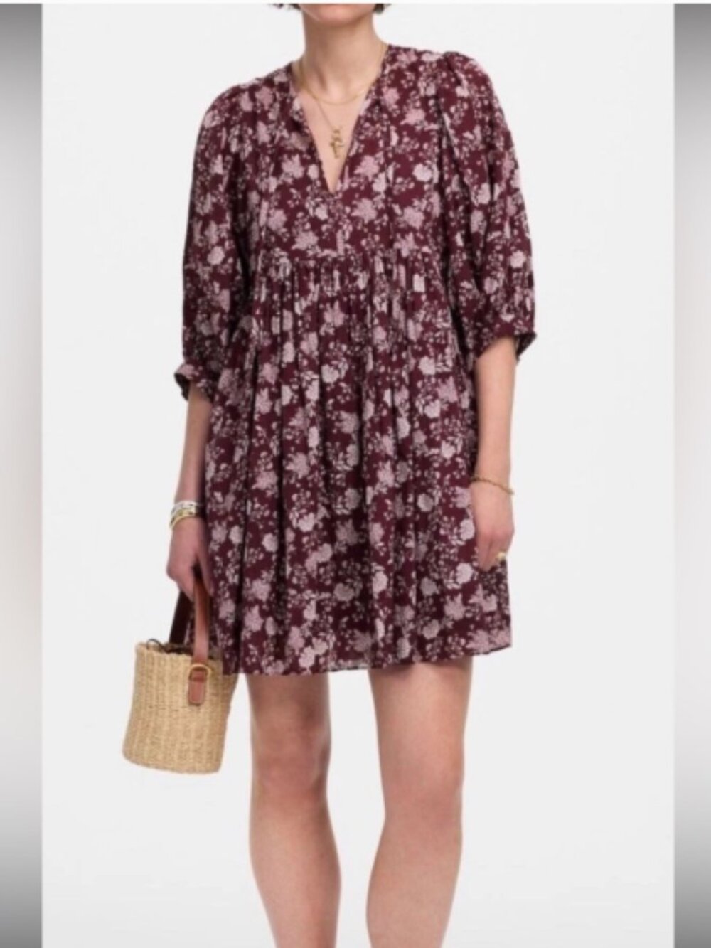 NWT Madewell Puff Sleeve Burgundy Floral Babydoll Dress